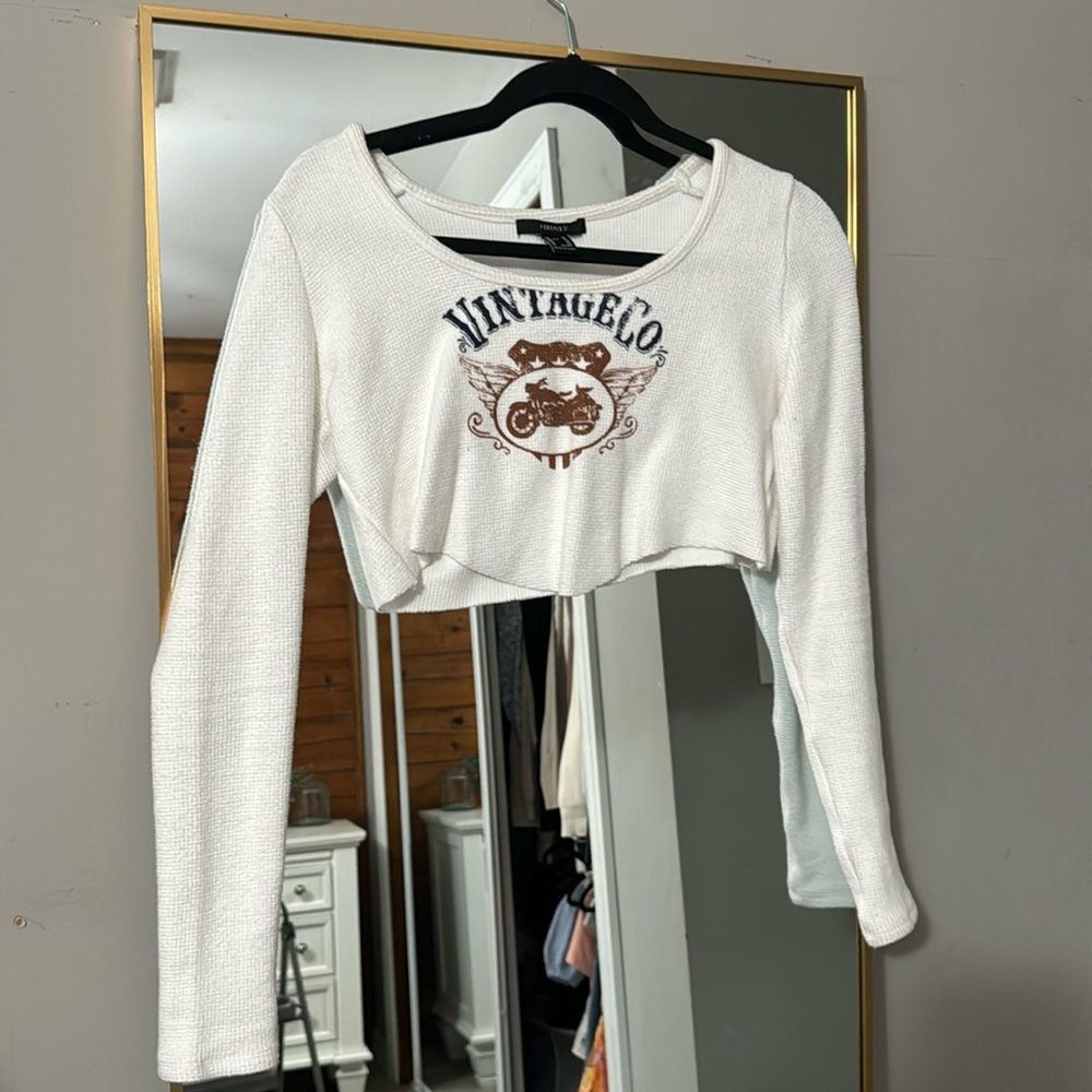 White vintage long sleeve waffle texture top
